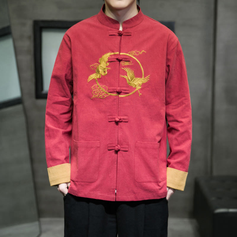 Buddha Stones刺繍鶴柄カエルボタンメンズコットン長袖ジャケットポケット付き - image 1