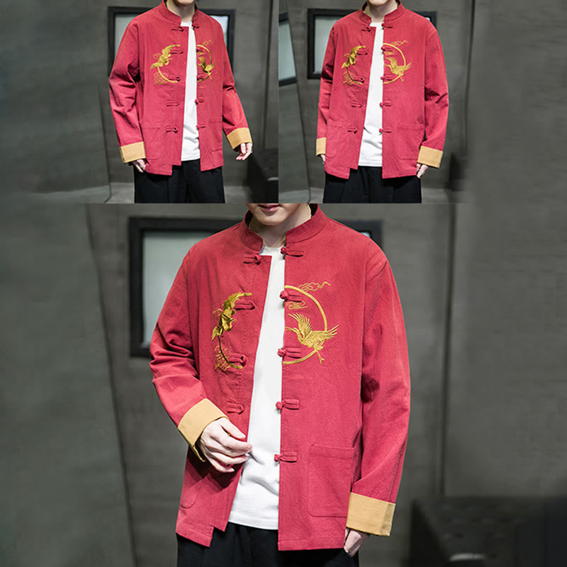 Buddha Stones刺繍鶴柄カエルボタンメンズコットン長袖ジャケットポケット付き - image 6