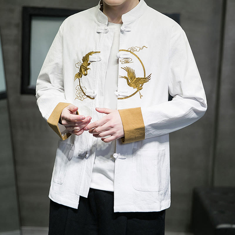 Buddha Stones刺繍鶴柄カエルボタンメンズコットン長袖ジャケットポケット付き - image 13