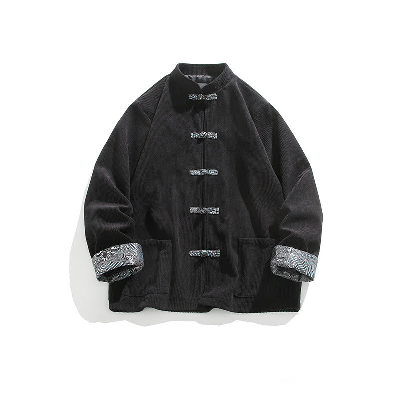 Buddha Stonesスプリング ジャカード フロッグボタン メンズ コットン コーデュロイ 長袖 ジャケット ポケット付き - 黒 - US/UK/AU46、 EU56 (5XL) - image 10