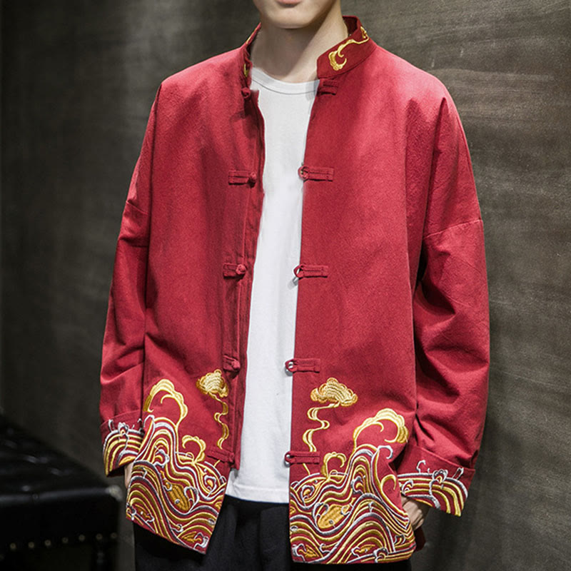 Buddha Stones刺繍雲カエルボタン長袖メンズコットンタンスーツジャケット - image 6