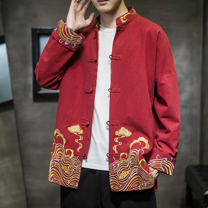Buddha Stones刺繍雲カエルボタン長袖メンズコットンタンスーツジャケット - image 5