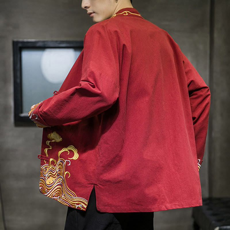 Buddha Stones刺繍雲カエルボタン長袖メンズコットンタンスーツジャケット - image 2