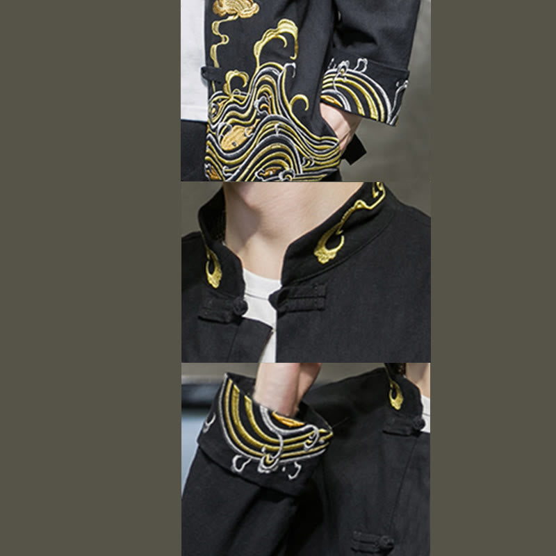 Buddha Stones刺繍雲カエルボタン長袖メンズコットンタンスーツジャケット - image 18