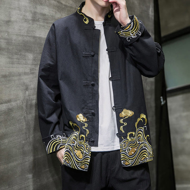 Buddha Stones刺繍雲カエルボタン長袖メンズコットンタンスーツジャケット - image 17