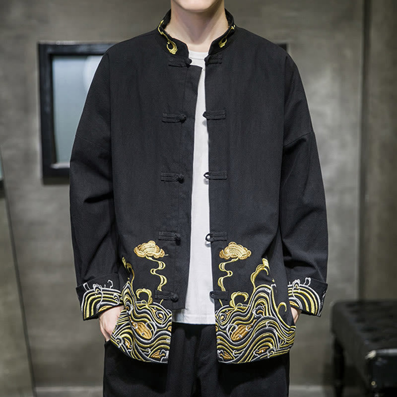 Buddha Stones刺繍雲カエルボタン長袖メンズコットンタンスーツジャケット - image 11