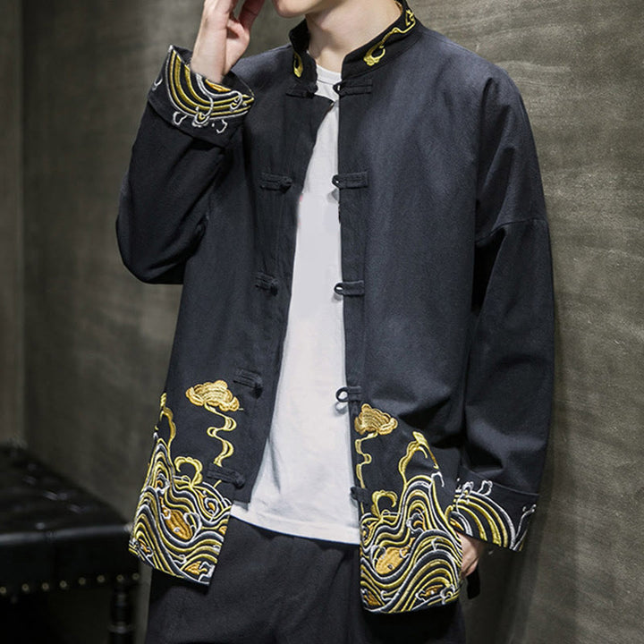 Buddha Stones刺繍雲カエルボタン長袖メンズコットンタンスーツジャケット - image 14