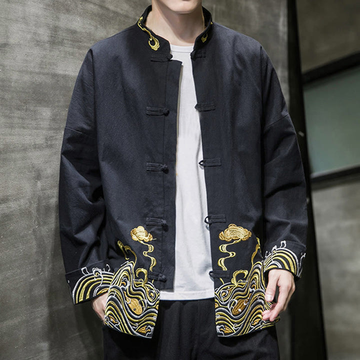 Buddha Stones刺繍雲カエルボタン長袖メンズコットンタンスーツジャケット - image 15