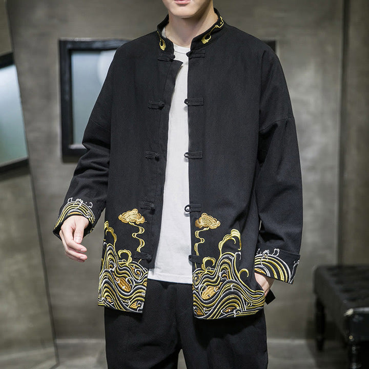 Buddha Stones刺繍雲カエルボタン長袖メンズコットンタンスーツジャケット - 黒 - US/UK/AU46、 EU56 (5XL) - image 9