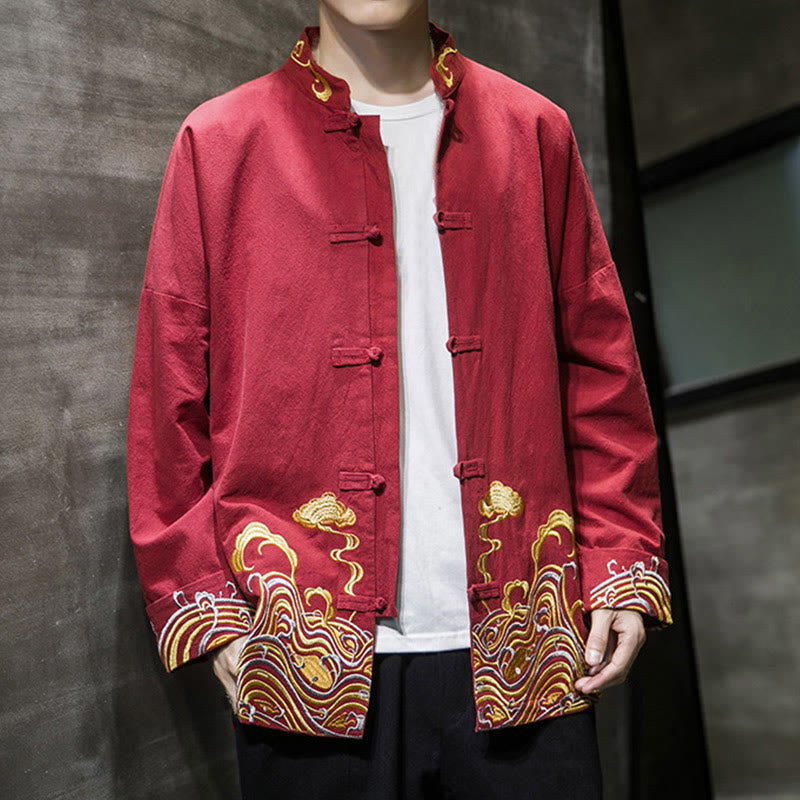 Buddha Stones刺繍雲カエルボタン長袖メンズコットンタンスーツジャケット - image 8
