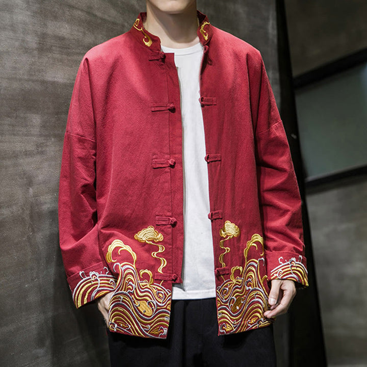 Buddha Stones刺繍雲カエルボタン長袖メンズコットンタンスーツジャケット - image 8