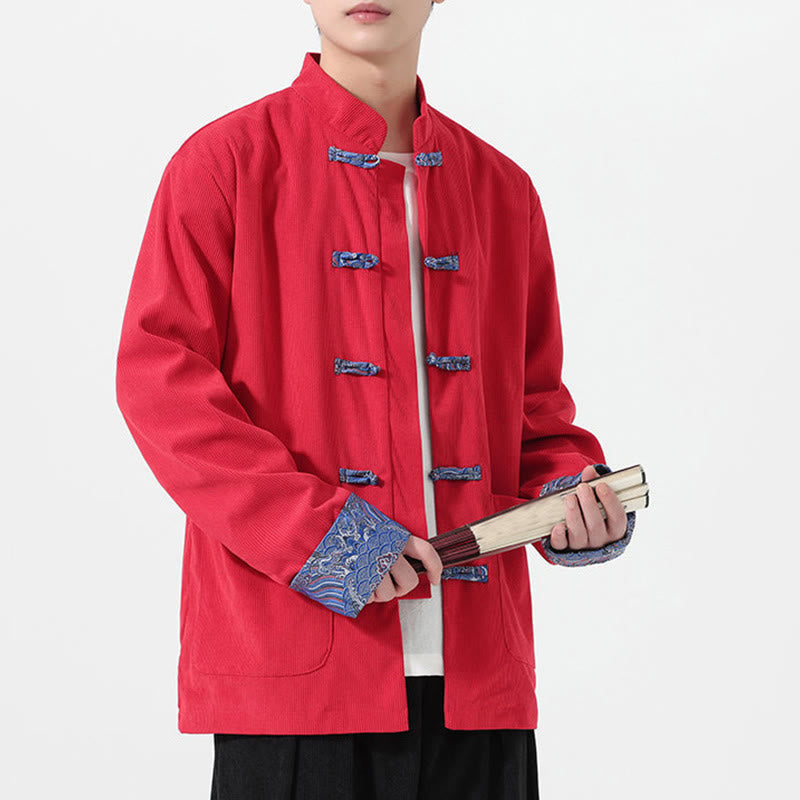 Buddha Stones花柄 長袖 メンズ コットン コーデュロイ タンスーツ ジャケット ポケット付き - 赤 - US/UK/AU46、 EU56 (5XL) - image 0