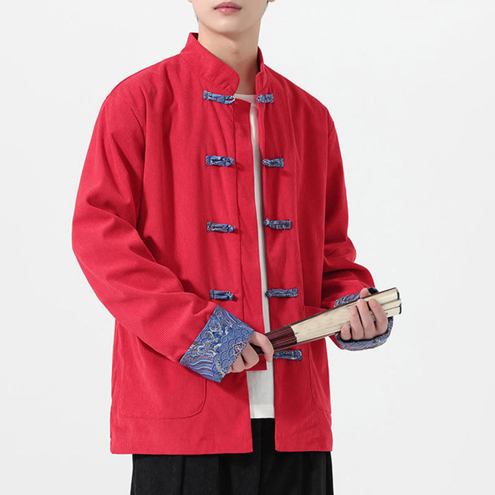 Buddha Stones花柄 長袖 メンズ コットン コーデュロイ タンスーツ ジャケット ポケット付き - 赤 - US/UK/AU46、 EU56 (5XL) - image 0