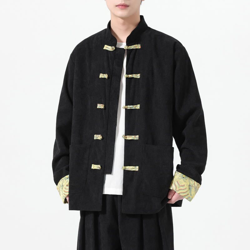 Buddha Stones花柄 長袖 メンズ コットン コーデュロイ タンスーツ ジャケット ポケット付き - 黒 - US/UK/AU46、 EU56 (5XL) - image 6