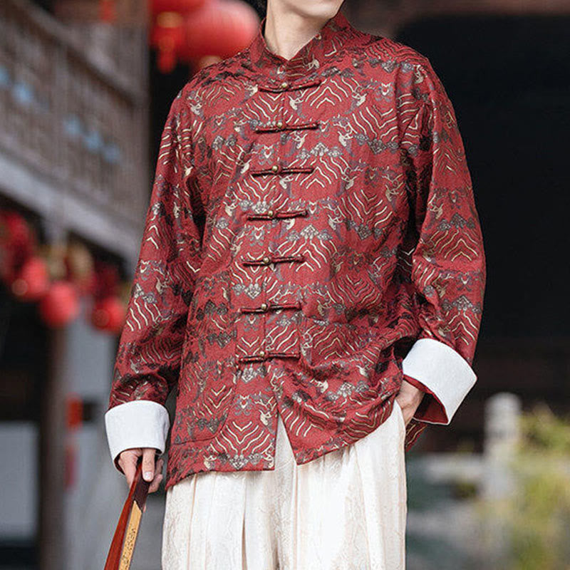 Buddha Stonesプリント花柄メンズボタンデザイン長袖シャツ（ポケット付き） - image 1