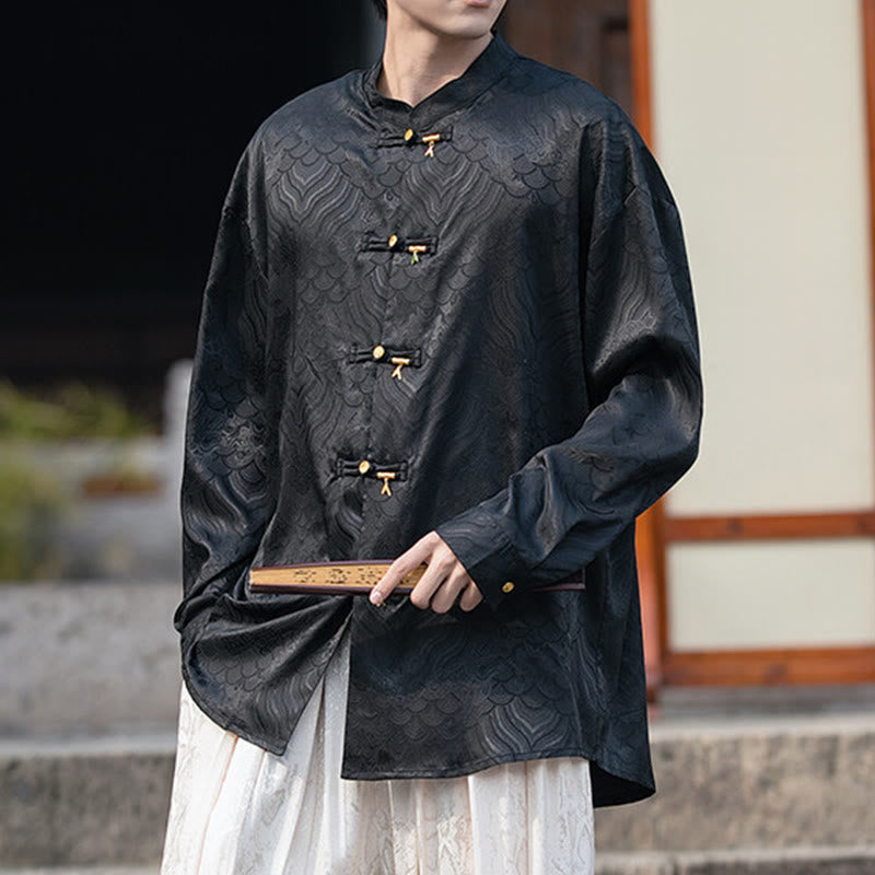 Buddha Stones中国風 カエルボタン 竹模様 スタンドカラー メンズ 長袖シャツ - 黒 - US/UK/AU46、 EU56 (5XL) - image 10