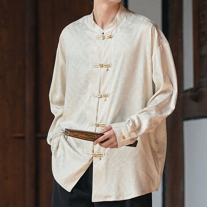 Buddha Stones中国風 カエルボタン 竹模様 スタンドカラー メンズ 長袖シャツ - ベージュ - US/UK/AU46、 EU56 (5XL) - image 0