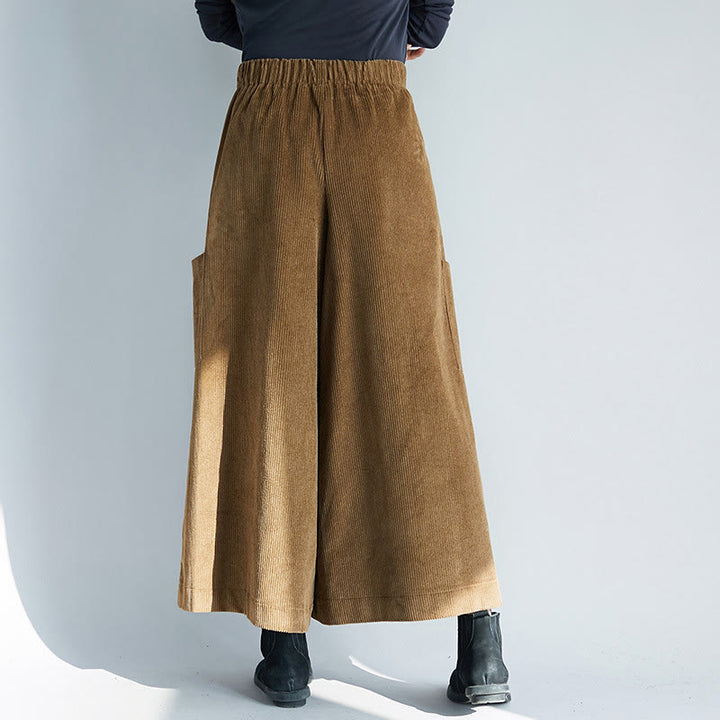 Buddha Stonesレディース プレーンサイドジッパーデザイン ワイドレッグ コーデュロイ 7-8丈パンツ ポケット付き - image 1