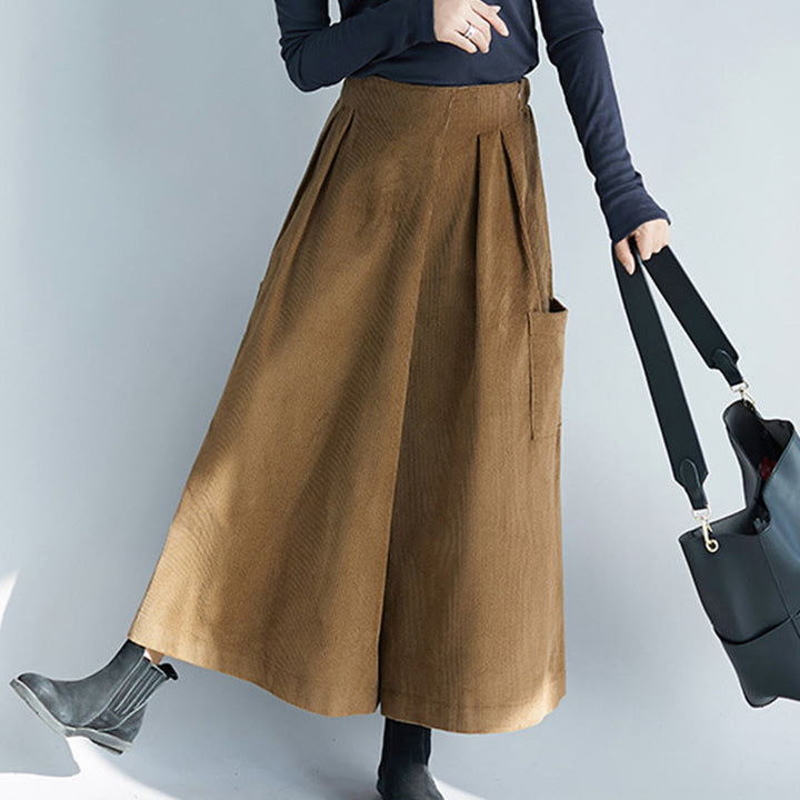 Buddha Stonesレディース プレーンサイドジッパーデザイン ワイドレッグ コーデュロイ 7-8丈パンツ ポケット付き - image 2