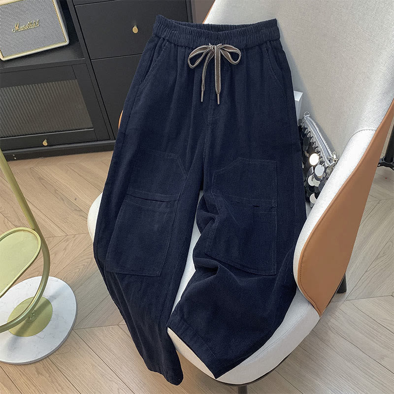 Buddha Stonesレディース 秋冬 ピュアカラー ドローストリング コットン コーデュロイ ハーレムパンツ ポケット付き - ミッドナイトブルー - US8-10，UK/AU12-14，EU40-42 (2XL) - image 3