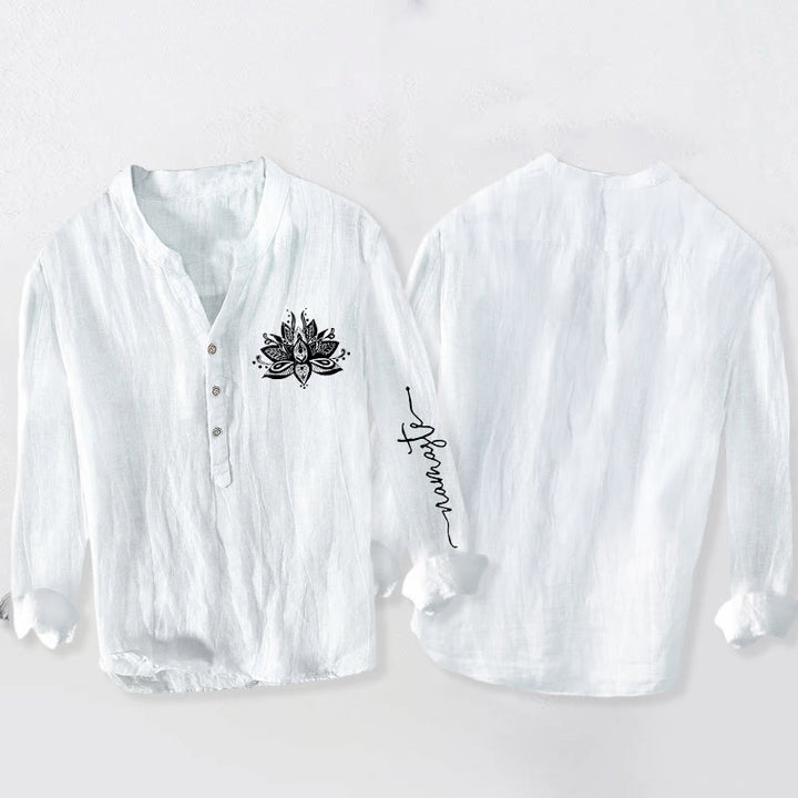 Buddha Stones蓮柄 ハーフボタン メンズ コットンリネン 長袖シャツ - image 8