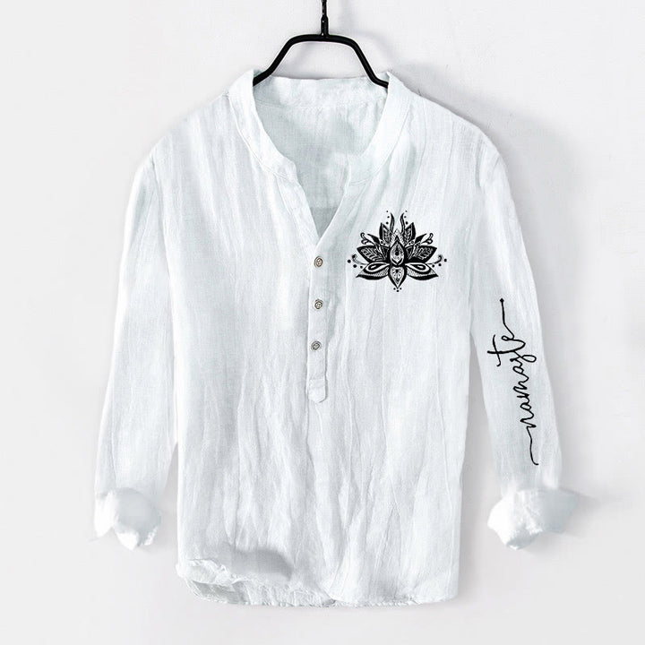 Buddha Stones蓮柄 ハーフボタン メンズ コットンリネン 長袖シャツ - 白 - US/UK/AU50、EU60 (5XL) - image 6