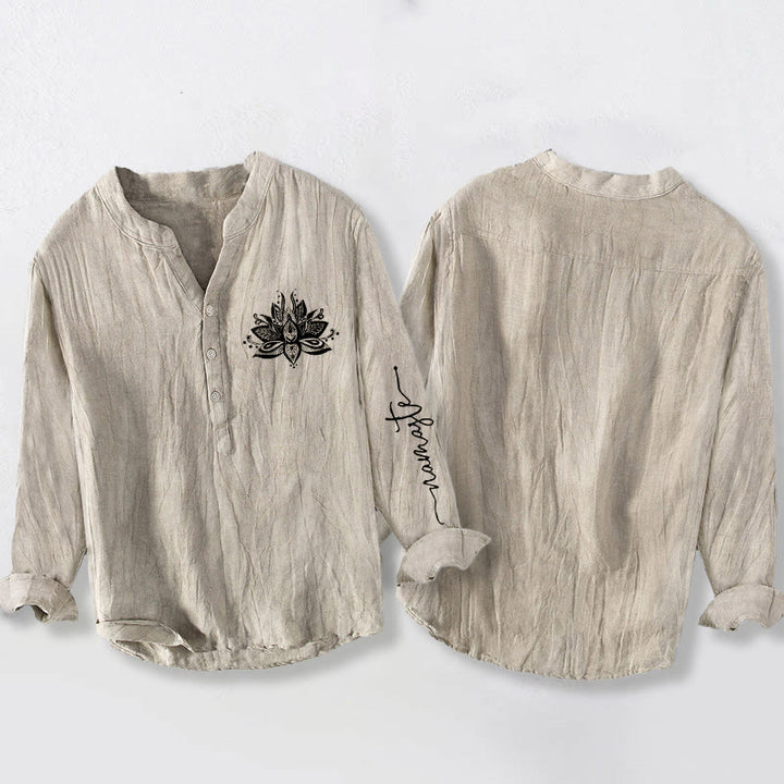 Buddha Stones蓮柄 ハーフボタン メンズ コットンリネン 長袖シャツ - image 2