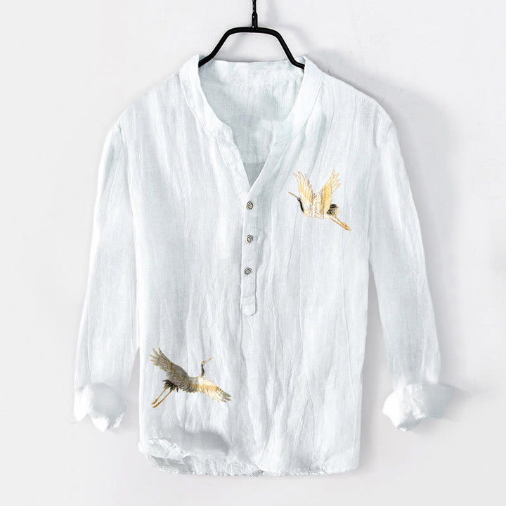 Buddha Stones、鶴、赤い太陽、松の木の模様、ハーフボタン、メンズコットンリネン長袖シャツ - image 7