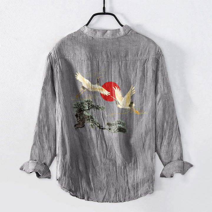 Buddha Stones、鶴、赤い太陽、松の木の模様、ハーフボタン、メンズコットンリネン長袖シャツ - image 2