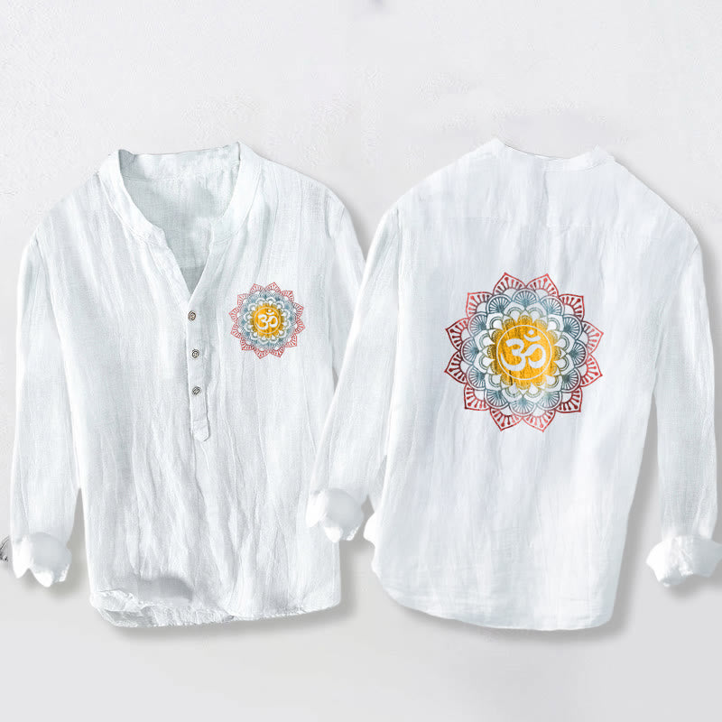 Buddha Stonesハーフボタン マンダラ オムシンボル柄 メンズ コットンリネン 長袖シャツ - 白 - US/UK/AU50、EU60 (5XL) - image 0