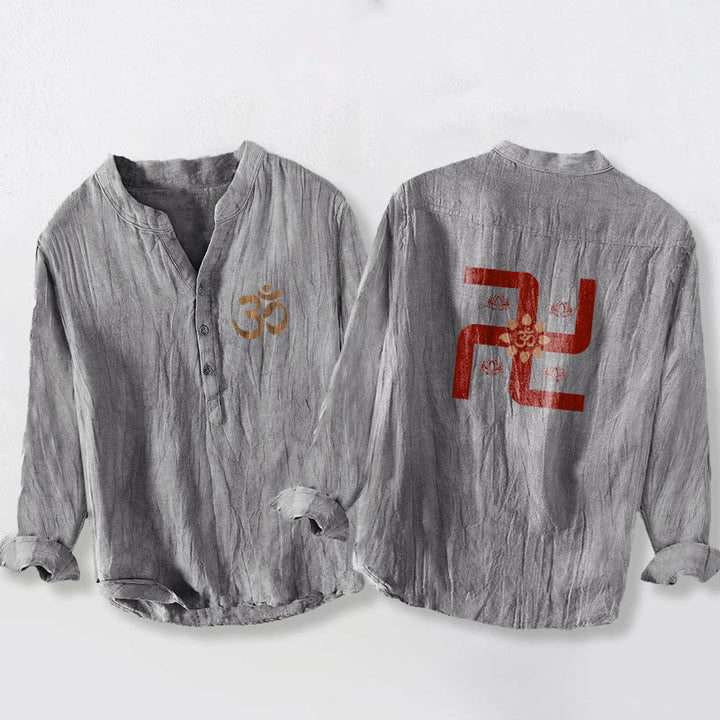 Buddha Stonesハーフボタン 蓮華 卍 オムシンボル柄 メンズ コットンリネン 長袖シャツ - グレー - US/UK/AU50、EU60 (5XL) - image 3
