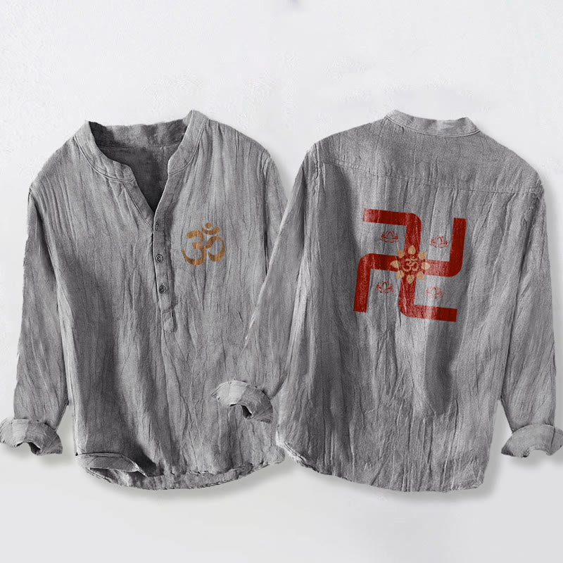 Buddha Stonesハーフボタン 蓮華 卍 オムシンボル柄 メンズ コットンリネン 長袖シャツ - グレー - US/UK/AU50、EU60 (5XL) - image 3