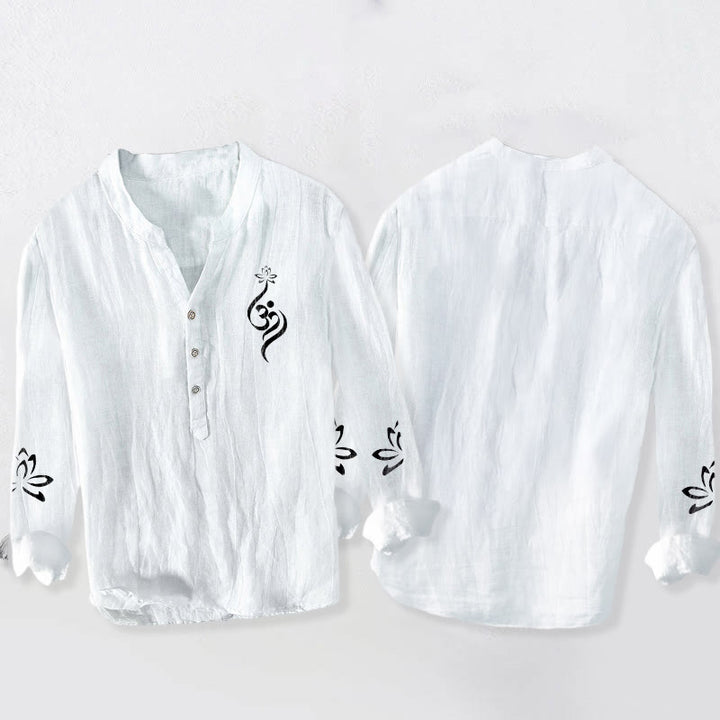 Buddha Stonesハーフボタン 蓮の花 Om シンボル プリント柄 メンズ コットンリネン 長袖シャツ - image 8