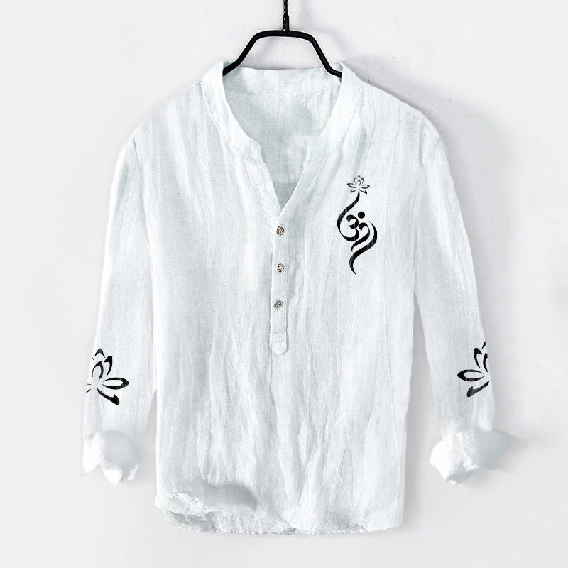 Buddha Stonesハーフボタン 蓮の花 Om シンボル プリント柄 メンズ コットンリネン 長袖シャツ - 白 - US/UK/AU50、EU60 (5XL) - image 6