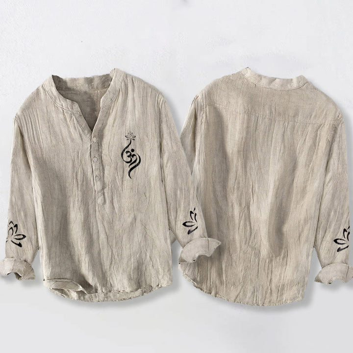 Buddha Stonesハーフボタン 蓮の花 Om シンボル プリント柄 メンズ コットンリネン 長袖シャツ - image 5
