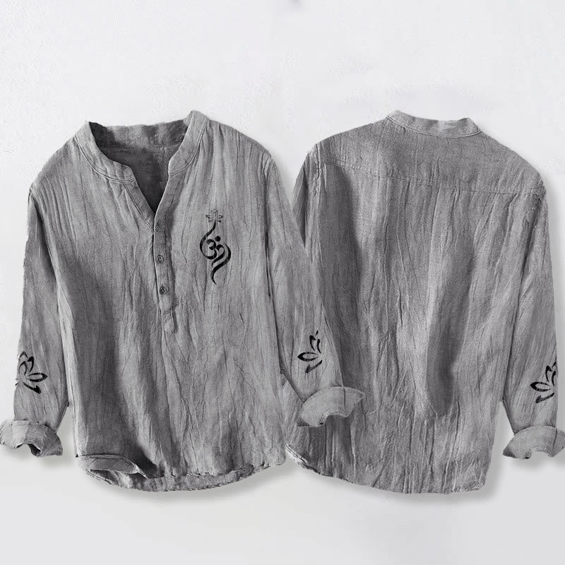 Buddha Stonesハーフボタン 蓮の花 Om シンボル プリント柄 メンズ コットンリネン 長袖シャツ - image 2