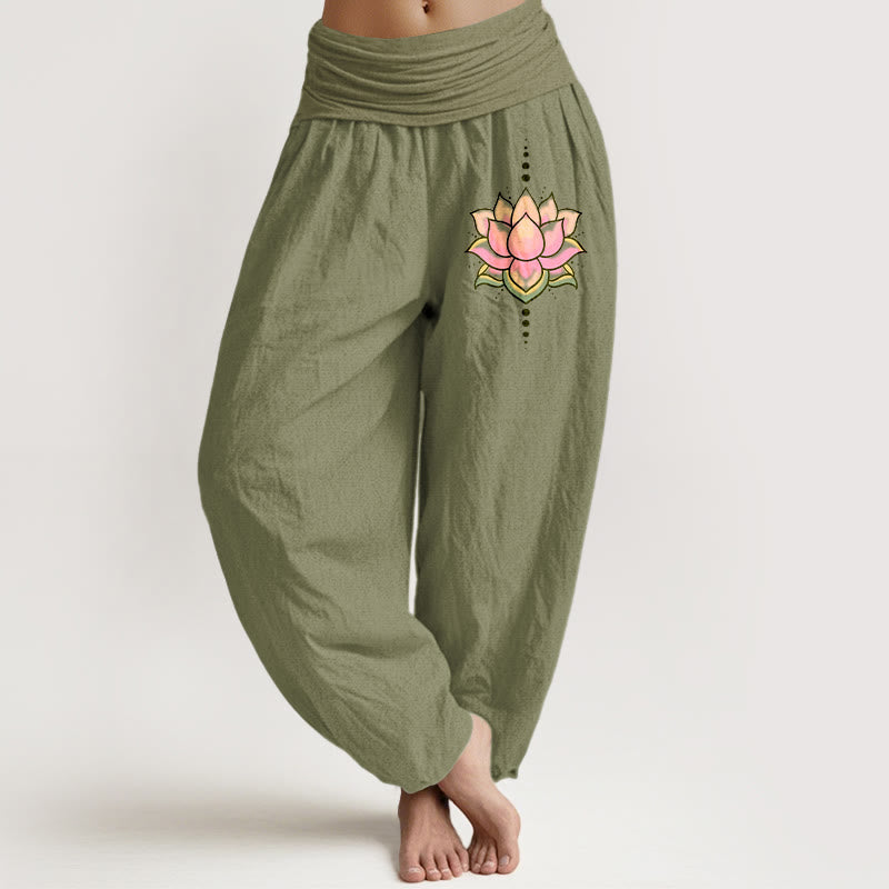 Buddha Stonesピュアコットン ピンク 蓮の花柄 レディース 伸縮性ウエスト ハーレムパンツ - オリーブドラブ - US22、 UK/AU26、 EU54 (6XL) - image 14