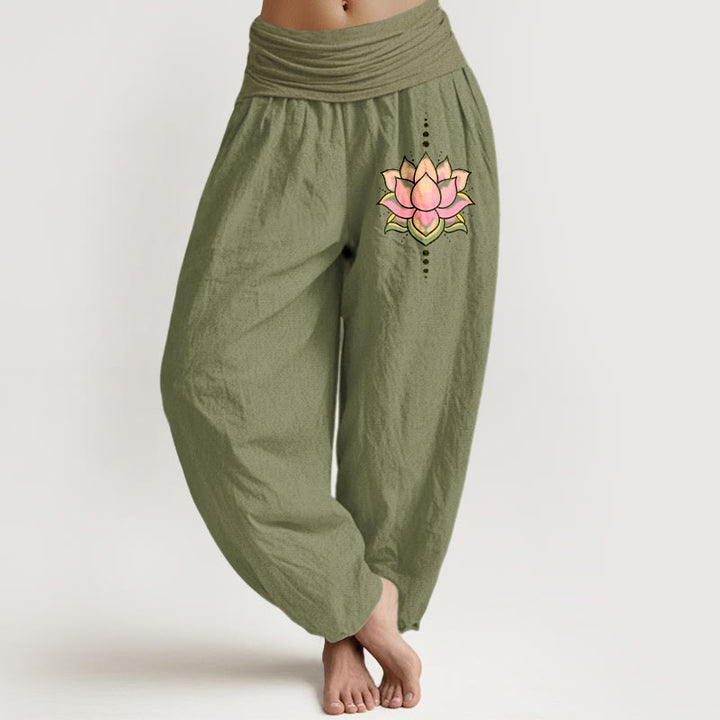 Buddha Stonesピュアコットン ピンク 蓮の花柄 レディース 伸縮性ウエスト ハーレムパンツ - オリーブドラブ - US22、 UK/AU26、 EU54 (6XL) - image 14