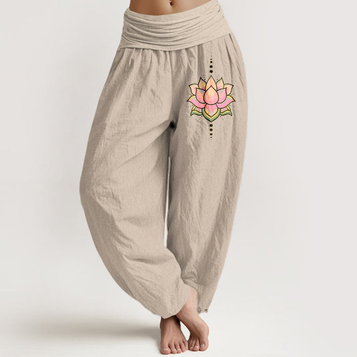 Buddha Stonesピュアコットン ピンク 蓮の花柄 レディース 伸縮性ウエスト ハーレムパンツ - タン - US22、 UK/AU26、 EU54 (6XL) - image 0