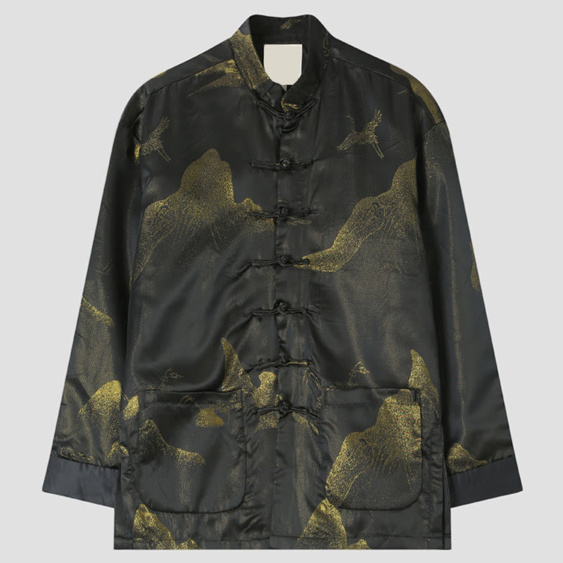 Buddha Stones雲染め金山鶴蛙ボタン長袖メンズジャケットポケット付き - 黒 - US/UK/AU44、 EU54 (4XL) - image 0