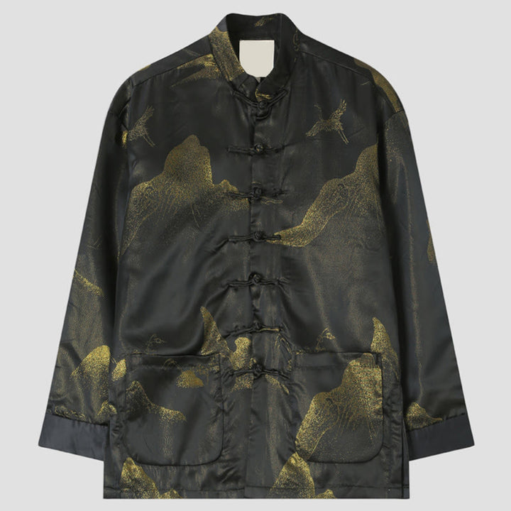Buddha Stones雲染め金山鶴蛙ボタン長袖メンズジャケットポケット付き - 黒 - US/UK/AU44、 EU54 (4XL) - image 0