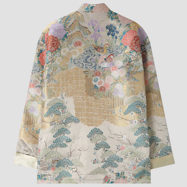 Buddha Stonesマンダリンダック 牡丹 花 カエルボタン 長袖 メンズ ジャケット ポケット付き - image 1