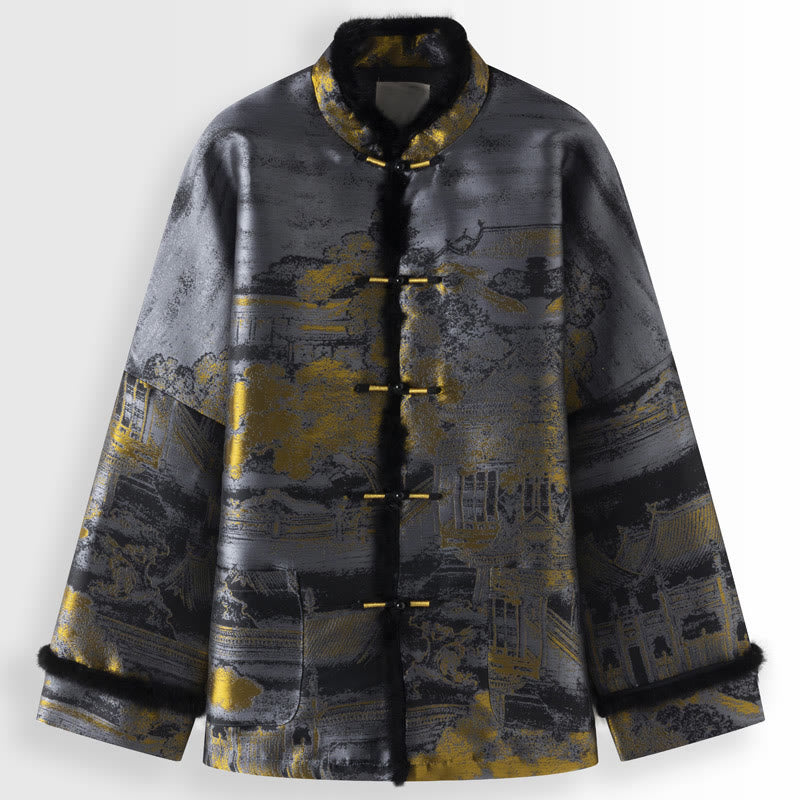 Buddha Stones、古代建築、樹木、カエルボタン、ポケット付き長袖メンズジャケット - グレー - US/UK/AU44、 EU54 (4XL) - image 0