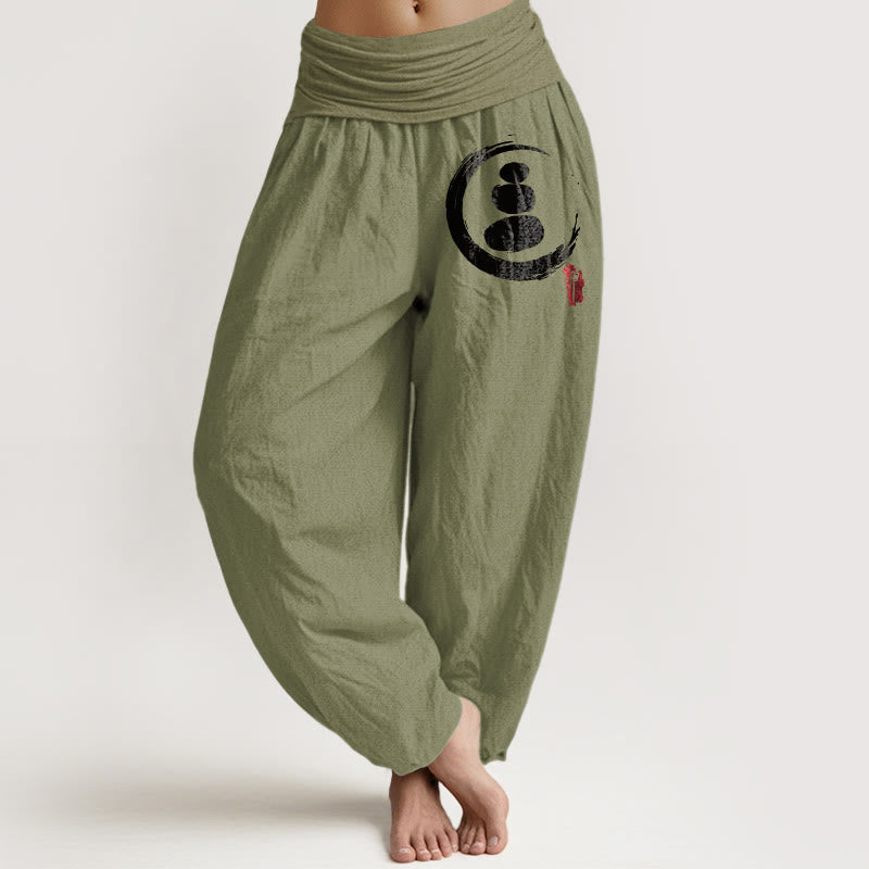 Buddha Stonesエンソサークル積み石模様レディース伸縮性ウエストハーレムコットンパンツ - オリーブドラブ - US22、 UK/AU26、 EU54 (6XL) - image 0