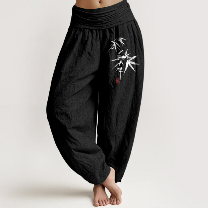 Buddha Stonesピュアコットン 竹 禅柄 レディース 伸縮性ウエスト ハーレムパンツ - 黒 - US22、 UK/AU26、 EU54 (6XL) - image 5