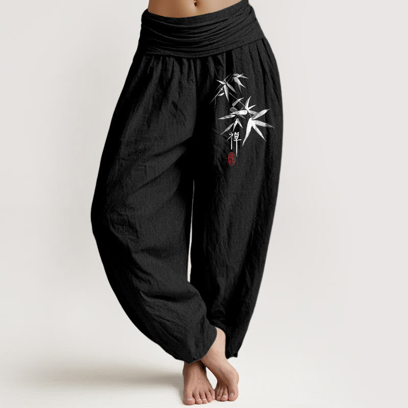 Buddha Stonesピュアコットン 竹 禅柄 レディース 伸縮性ウエスト ハーレムパンツ - 黒 - US22、 UK/AU26、 EU54 (6XL) - image 5