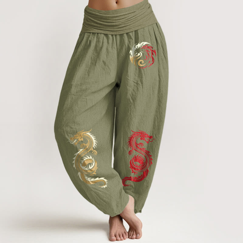 Buddha Stonesピュアコットン ドラゴン柄 レディース 伸縮性ウエスト ハーレムパンツ - オリーブドラブ - US22、 UK/AU26、 EU54 (6XL) - image 14