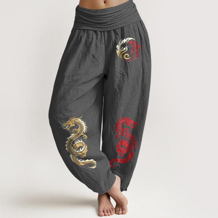 Buddha Stonesピュアコットン ドラゴン柄 レディース 伸縮性ウエスト ハーレムパンツ - 薄暗い灰色 - US22、 UK/AU26、 EU54 (6XL) - image 8