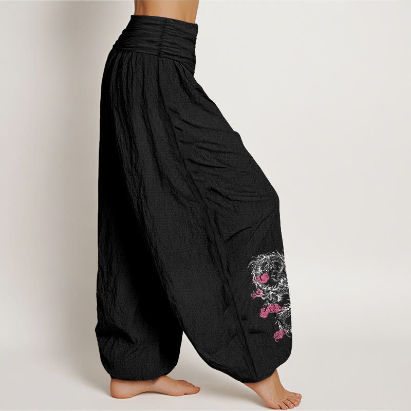 Buddha Stones、龍、吉兆の雲、花柄、レディース、伸縮性ウエスト、ハーレム、コットンパンツ - image 1