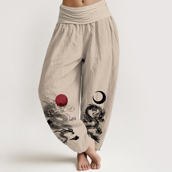 Buddha Stonesピュアコットン ドラゴン サンムーン柄 レディース 伸縮性ウエスト ハーレムパンツ - タン - US22、 UK/AU26、 EU54 (6XL) - image 11